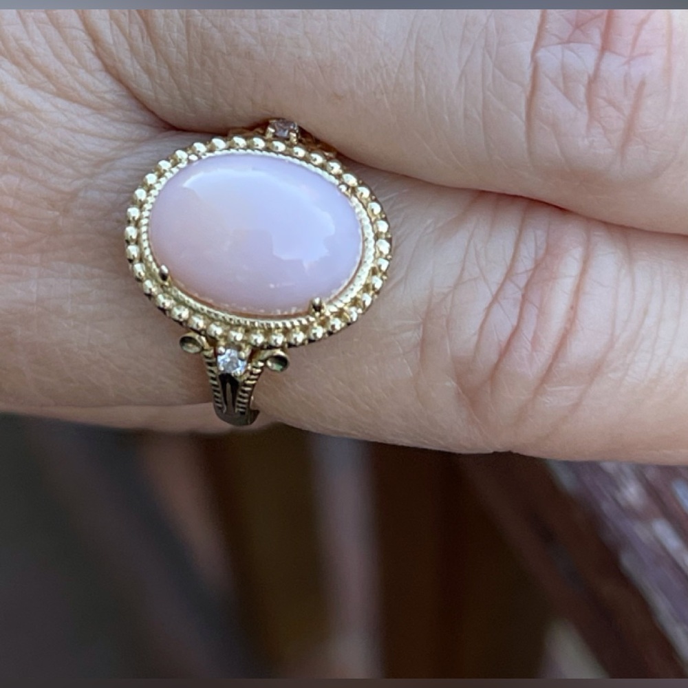 14K Yellow gold natural Oval cabochon Peruvian pink opal & diamonds ring RARE - Picture 10 of 16